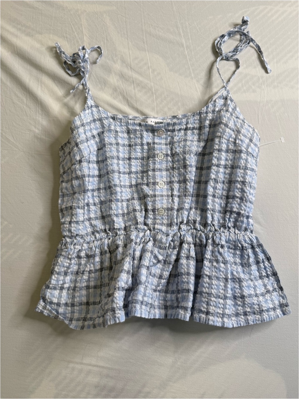 Blue Plaid Tie-Strap Peplum Tank Top
